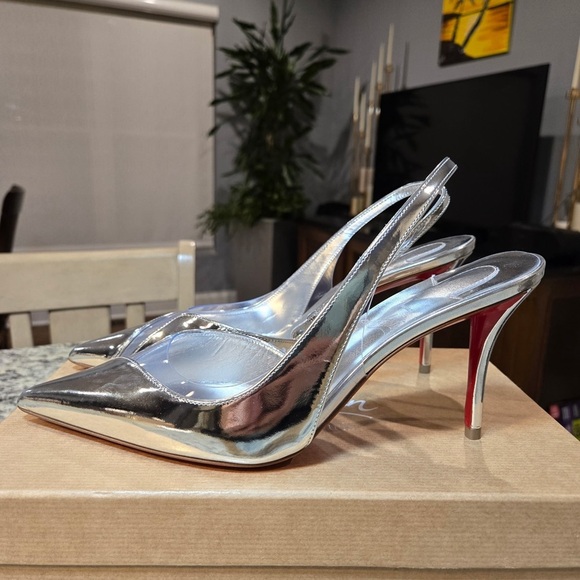 NEW Christian Louboutin Posticha 80mm Metallic Leather Slingback Size 37 - Picture 7 of 15
